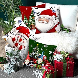 Christmas pillow covers featuring festive gnomes and trees on a cozy home sofa