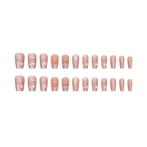 Pink cat eye press-on nails with stars, pearls, and French glitter design, 24-piece set