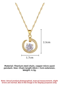 Detailed view of gold titanium necklace with sparkling zircon moon pendant and tiny diamonds