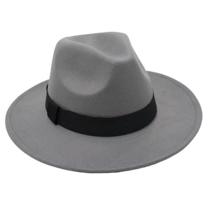 Close-up of a light grey wool fedora hat with a classic black ribbon on a white background