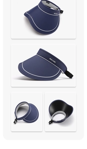 Detailed views of navy blue ice silk sun hat with white piping and adjustable strap