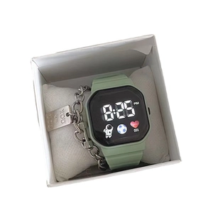 Space-themed digital watch with green silicone strap and silver metal chain bracelet set