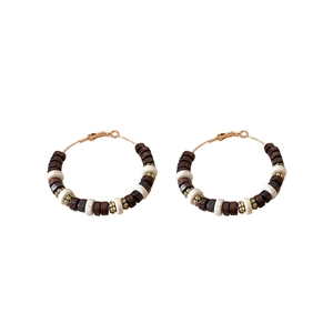 Bohemian beaded hoop earrings with dark brown and beige wood beads on white background