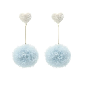 Silver needle fabric heart and light blue pom-pom drop earrings for winter style