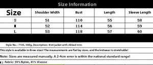 Size chart for ribbed knit jacket showing S, M, L dimensions and fabric composition details