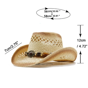 Beige western straw cowboy hat with beaded band and size dimensions on white background