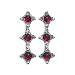 Vintage silver-plated geometric earrings with triple red resin stones and ethnic style details