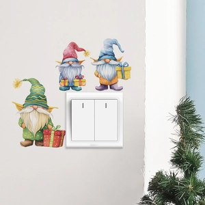 Cartoon Christmas gnome wall stickers set with red blue green hats for light switch decor
