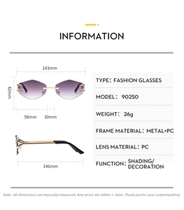 Detailed size chart for rimless diamond-cut sunglasses with precise frame measurements