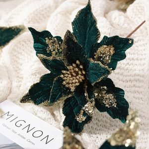 Handmade 30cm dark green velvet Christmas flower with golden glitter and sequins