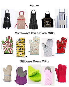 Detailed selection of heat resistant oven mitts and kitchen aprons in various patterns