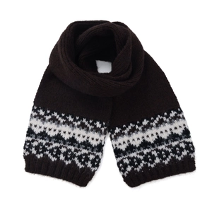 Detail of knit winter scarf featuring coffee brown wool and geometric Fair Isle patterns