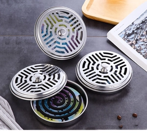 Close-up of heart-patterned stainless steel mosquito coil box with hollow lid