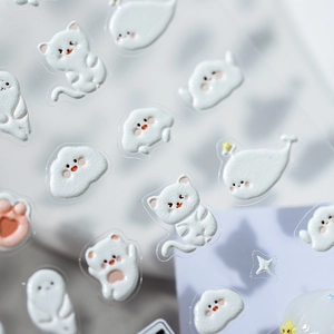 3D embossed cartoon nail art stickers with white cats and clouds, 5D textured nail decals