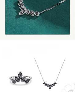 Detail of 925 sterling silver leaf jewelry set with black pave stones and S925 stamp