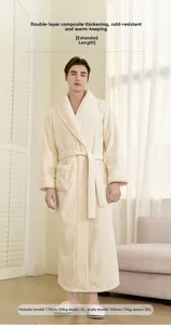 Detail of cream long double-layer thickened robe with plush collar and warm pocket