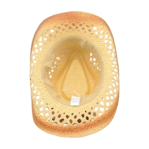Detail of hollow-weave paper straw cowboy hat interior with breathable sweatband and label
