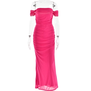 Detail of fuchsia off-shoulder dress with ruched mesh fabric and a slimming backless fit