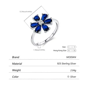 S925 sterling silver ring with blue sapphire flower design and teardrop petals