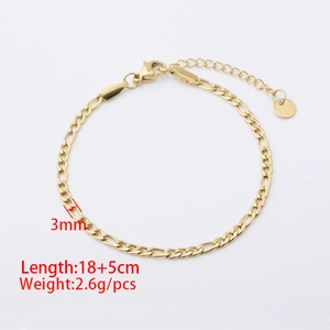 3mm gold plated stainless steel Figaro chain bracelet with lobster clasp and extension