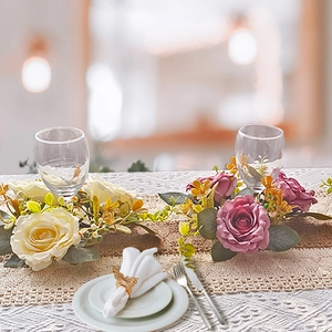 Artificial Rose Flower Candle Ring Wreath Satin Floral Table Centerpiece Wedding Home Decor Romantic Ornament