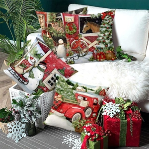 Christmas pillow covers set with snowman and red truck prints for holiday home decor