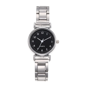 Elegant silver quartz watch for women with minimalist black dial and numeric markers