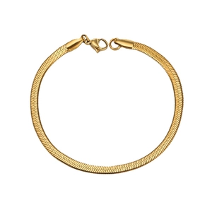 Minimalist golden stainless steel flat snake chain bracelet on a clean white background