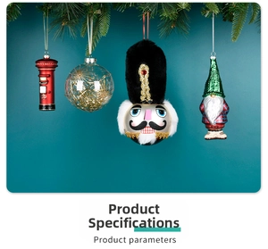 Detail of Christmas tree ornaments set with nutcracker, mailbox, and festive glass baubles