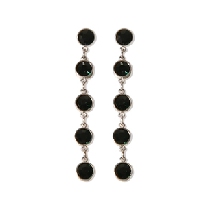 Detail of elegant silver tassel earrings with five dark green round gemstone charms