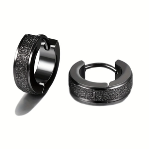 Pair of black matte glitter stainless steel hoop earrings with polished edges and hinged closure