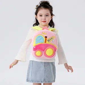 Pink plush kids backpack featuring a cartoon crane embroidery with yellow straps