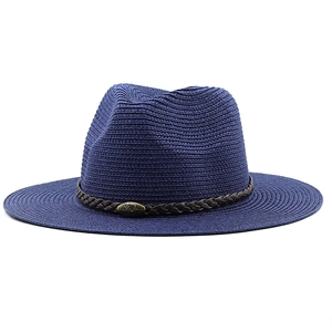 Classic navy blue woven straw fedora hat with decorative brown leather band and metal buckle