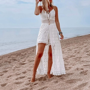 Bohemian white lace V-neck romper with floral embroidery for beach vacations