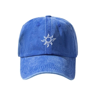 Vintage washed denim baseball cap with white sun flower embroidery on the front
