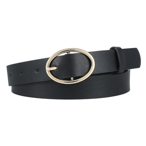 Classic black leather belt for women featuring a gold oval buckle on a white background