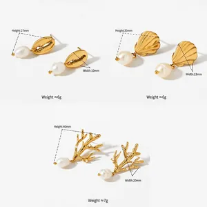 Golden ocean earrings set with seashell coral charms and elegant natural pearls