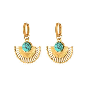 Boucles d'oreilles pendantes en éventail turquoise et or avec design vintage chic