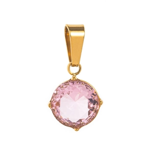 Elegant gold pendant with a multifaceted round pink gemstone on a clean white background