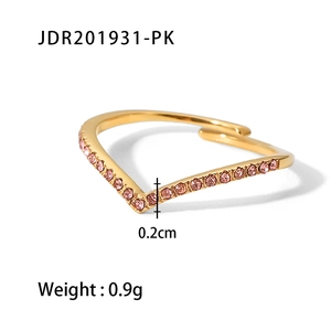 French style V-shaped 18K gold plated stainless steel ring with pink zircon stones