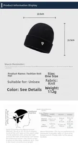 Size chart for knit beanie showing dimensions of 22.5x21.5cm and head measurement guide
