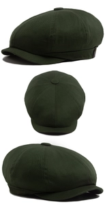Detailed views of dark green newsboy cap showing top button and twill cotton fabric texture