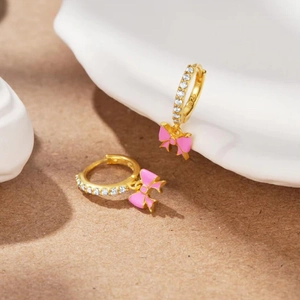 Pink bow drop earrings in gold finish with sparkling crystals and S925 silver needles