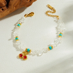 Irregular white turquoise beaded bracelet with 18KGP gold cherry pendant