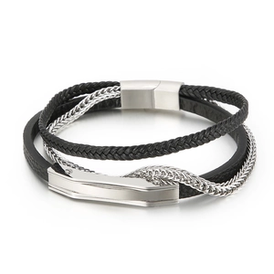 Men's multilayer black leather bracelet with silver stainless steel magnetic clasp