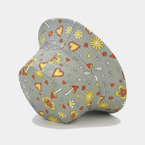 Greyish green bucket hat with colorful mushroom and flower prints for sun protection