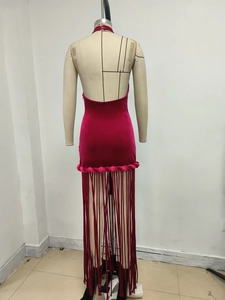 Detail of rose red velvet dress showing woven hem and long fringe tassels on the bottom
