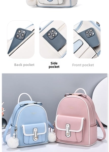 Detail of multi-pocket layout and bow decoration on two stylish PU leather backpacks
