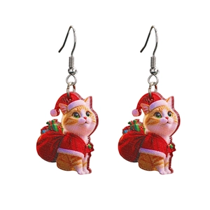 Cute acrylic Christmas orange tabby cat earrings with Santa hats and gift bags