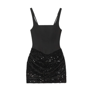 Elegant black sequin bodycon mini dress with thin straps shown on white background